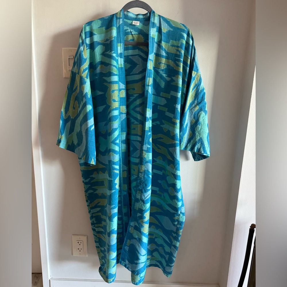 Vintage Blue Ikat Southwestern Print Cotton Long Kimono Style Boho Beach Duster